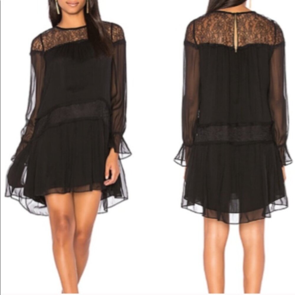 Ramy Brook Siede Mini Dress Xsmall Black Silk & Lace Long Sleeve Drop Waist